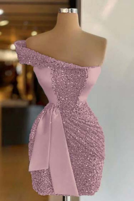 Dusty Pink One Shoulder Short Sequined Prom Dress Ruffles Tight Homecoming Dress