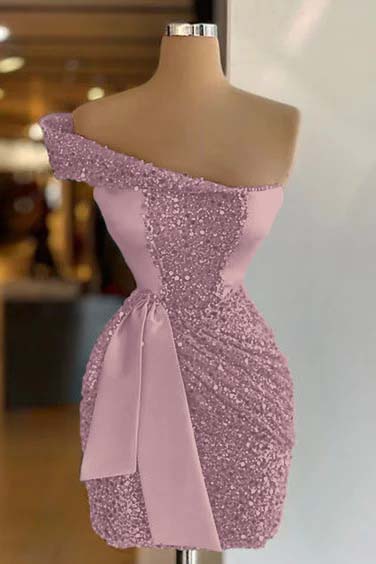 One Shoulder Short Sequined Prom Dress Ruffles Tight Homecoming Dress Dusty Pink