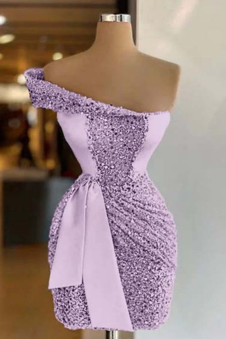 Lilac One Shoulder Short Sequined Prom Dress Ruffles Tight Homecoming Dress