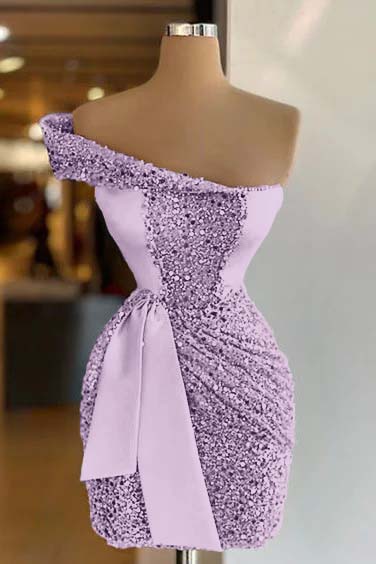 One Shoulder Short Sequined Prom Dress Ruffles Tight Homecoming Dress Lilac