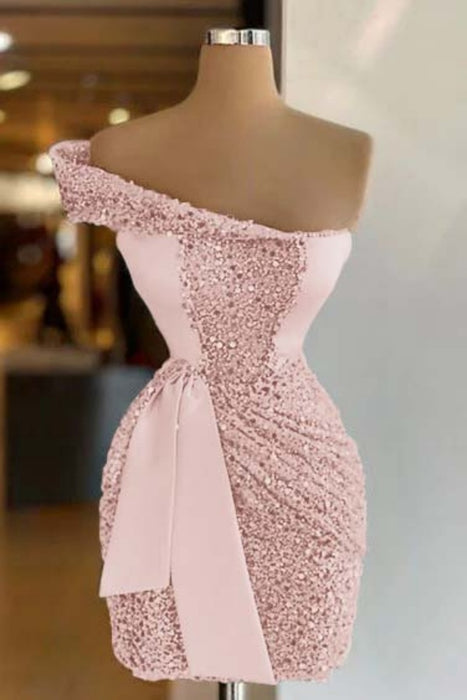 Pink One Shoulder Short Sequined Prom Dress Ruffles Tight Homecoming Dress