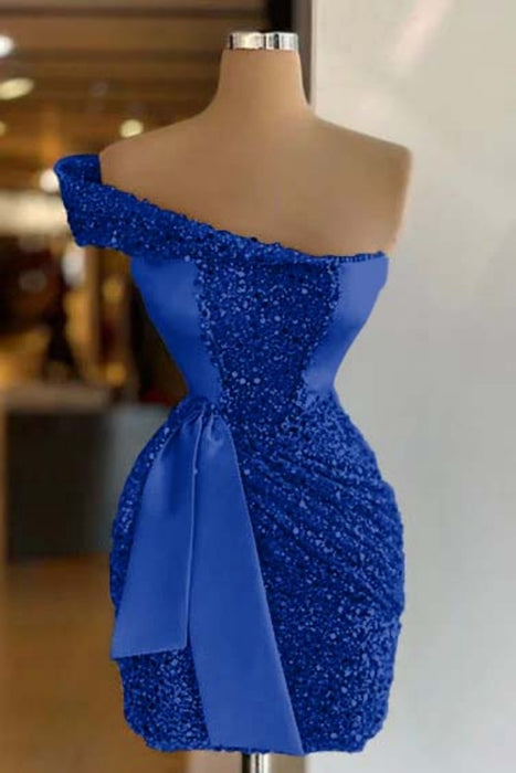 Royal Blue One Shoulder Short Sequined Prom Dress Ruffles Tight Homecoming Dress