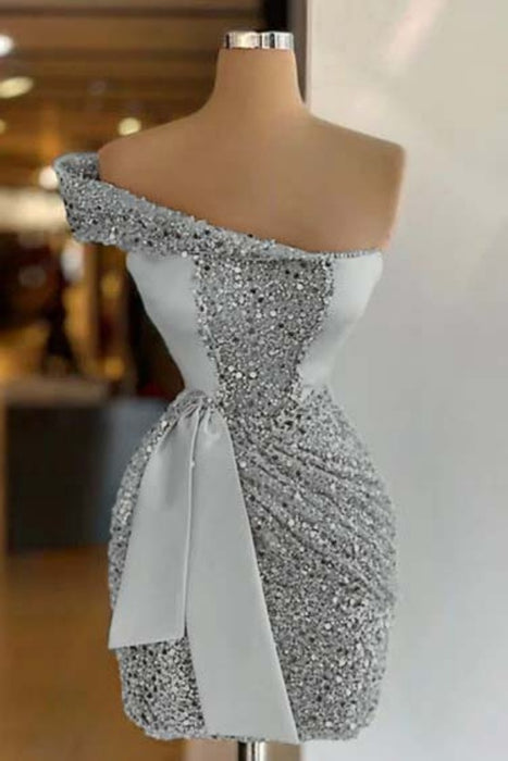 Silver One Shoulder Short Sequined Prom Dress Ruffles Tight Homecoming Dress