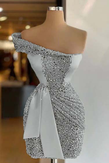 One Shoulder Short Sequined Prom Dress Ruffles Tight Homecoming Dress Silver