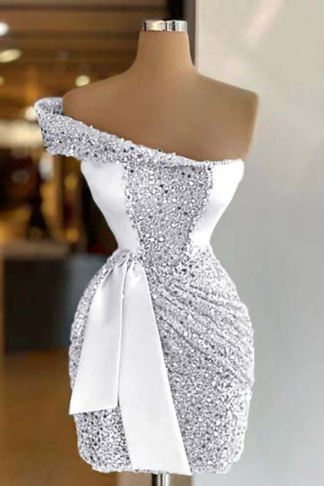 White One Shoulder Short Sequined Prom Dress Ruffles Tight Homecoming Dress