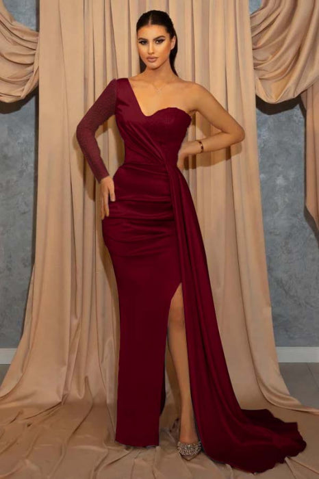 One Shoulder Sky Blue Sequin Evening Dress with Split - Prom Dresses