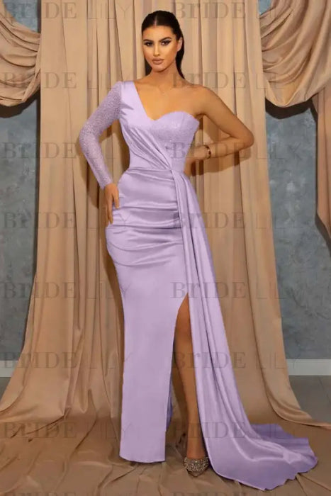 One Shoulder Sky Blue Sequin Evening Dress with Split - Prom Dresses