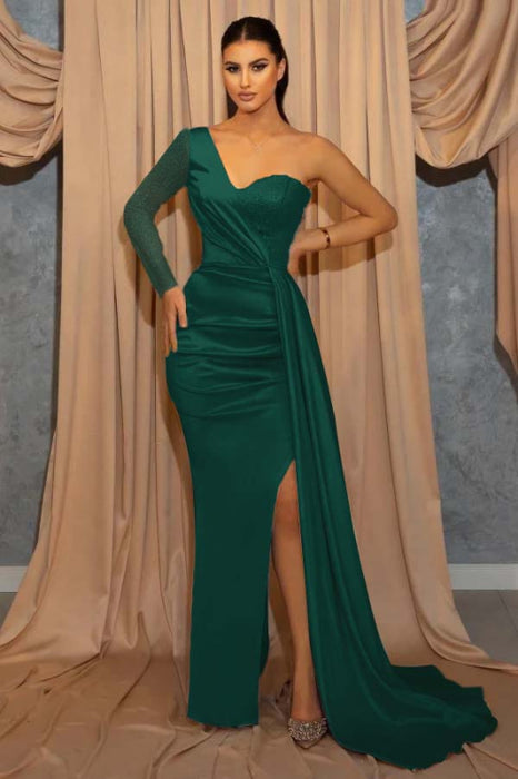 One Shoulder Sky Blue Sequin Evening Dress with Split - Prom Dresses