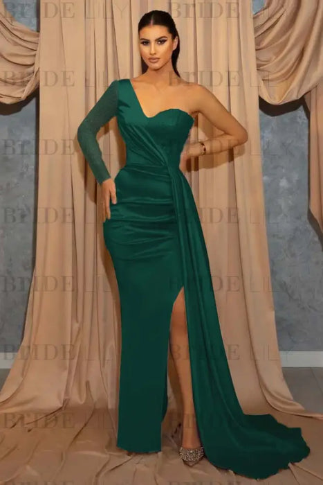 One Shoulder Sky Blue Sequin Evening Dress with Split - Prom Dresses