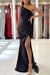 One-Shoulder Sleeveless Black Mermaid Prom Dress with Split