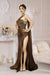 One-Shoulder Sleeveless Brown Long Prom Dress with Slit