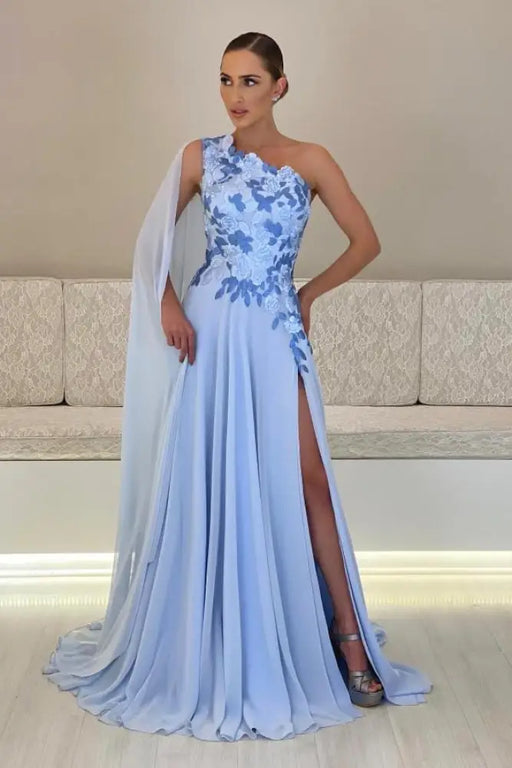 One-Shoulder Sleeveless Chiffon Evening Dresses Long with Side Slit - Prom Dresses