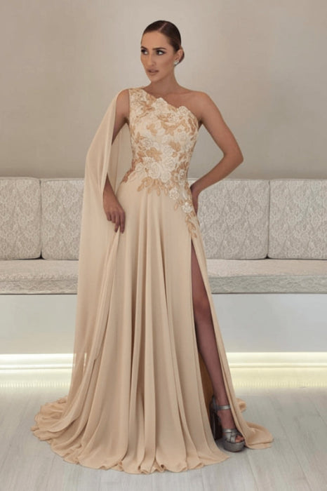 One-Shoulder Sleeveless Chiffon Evening Dresses Long with Side Slit - Prom Dresses