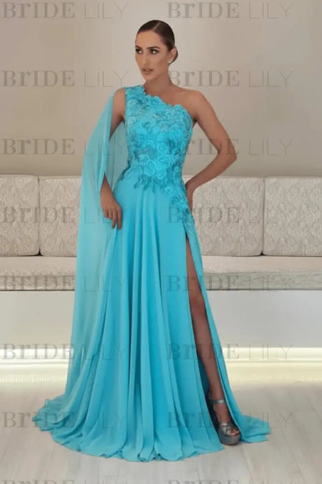 One-Shoulder Sleeveless Chiffon Evening Dresses Long with Side Slit - Prom Dresses