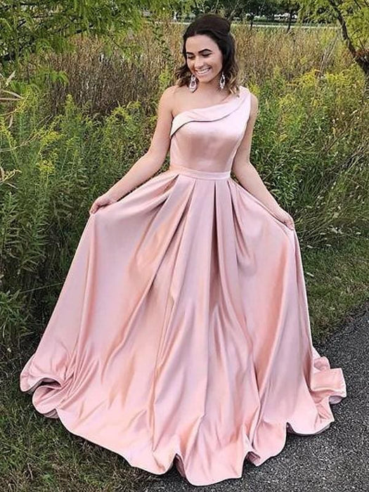 One-Shoulder Long Satin Prom Dresses - Bridelily One-Shoulder Long Satin Prom Dresses - Bridelily