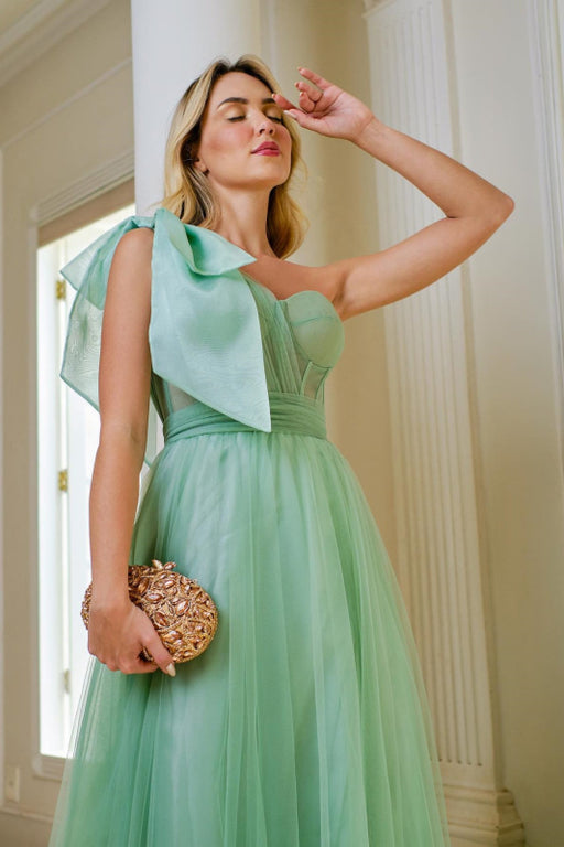 One Shoulder Sweetheart Sage Green Tulle Prom Dress With Split