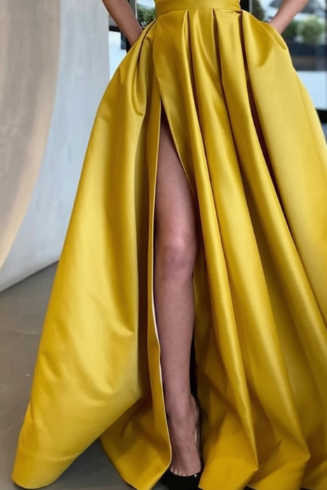 One Shoulder Yellow Satin Long Prom Dresses with High Slit, Long Yellow Formal Graduation Evening Dresses 