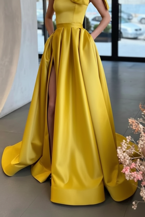 One Shoulder Yellow Satin Long Prom Dresses with High Slit, Long Yellow Formal Graduation Evening Dresses 