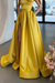 One Shoulder Yellow Satin Long Prom Dresses with High Slit, Long Yellow Formal Graduation Evening Dresses 