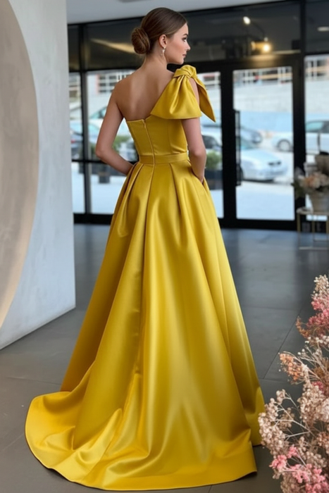 One Shoulder Yellow Satin Long Prom Dresses with High Slit, Long Yellow Formal Graduation Evening Dresses 