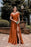 Online Burnt Orange Off-The-Shoulder Evening Dress with Spaghetti-Straps and Split Sweetheart