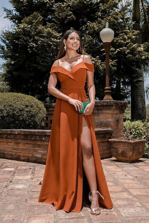 Online Burnt Orange Off-The-Shoulder Evening Dress with Spaghetti-Straps and Split Sweetheart