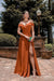 Online Burnt Orange Off-The-Shoulder Evening Dress with Spaghetti-Straps and Split Sweetheart