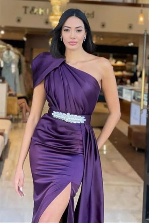 Online Dark Purple One Shoulder Mermaid Long Ruffles Prom Dress With Belt