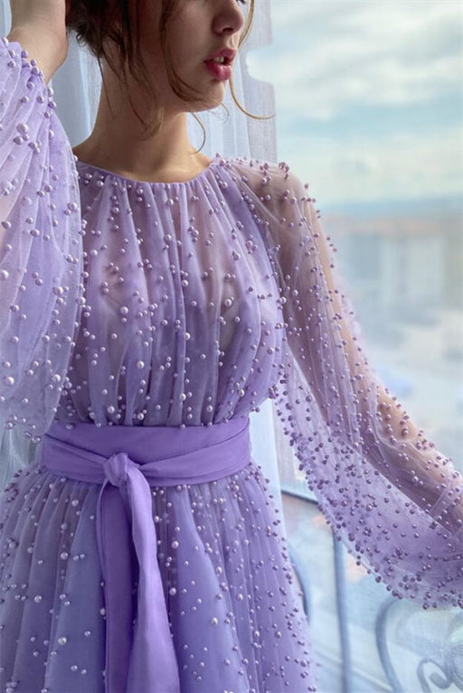 Online Lilac Pearls Mermaid Beadings Jewel Evening Dress With Belt
