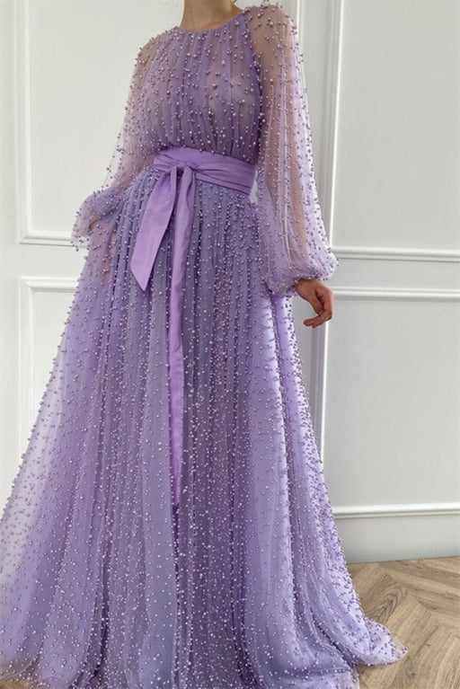 Online Lilac Pearls Mermaid Beadings Jewel Evening Dress With Belt