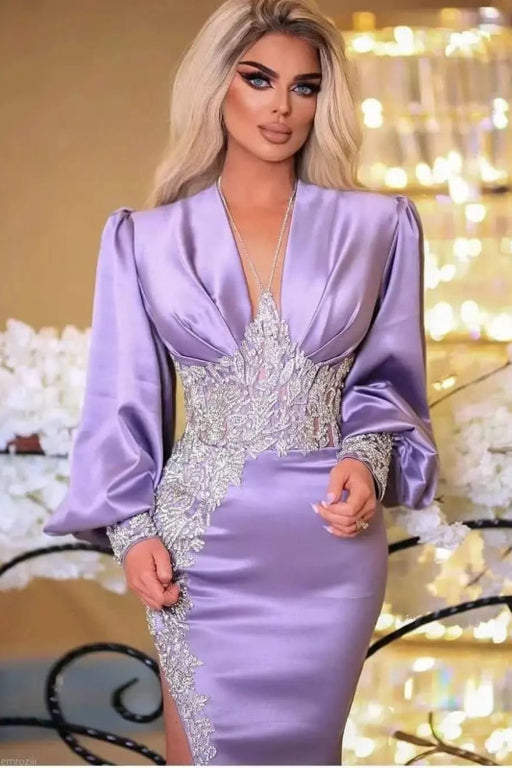 Online Lilac Split Long Sleeves Mermaid V-Neck Prom Dress with Appliques