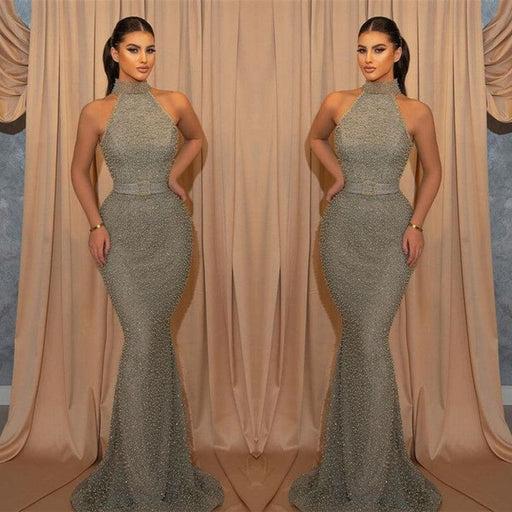 Online Sequined Sleeveless Halter Mermaid Evening Dress with Belt