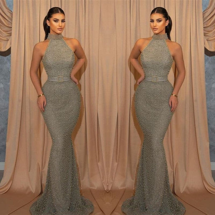 Online Sequined Sleeveless Halter Mermaid Evening Dress with Belt