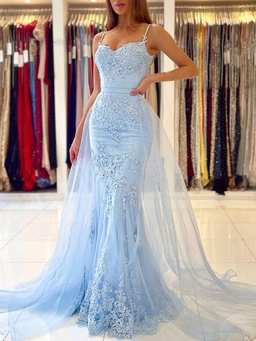 Mermaid Open Back Light Blue Lace Long Prom Wedding Dresses, Mermaid Blue Formal Dresses, Blue Lace Evening Dresses EP2064