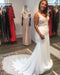 Miabel Classic Mermaid Wedding Dress with Spaghetti Straps, V-neck, Open Back, and Floor-length Satin Lace Appliques