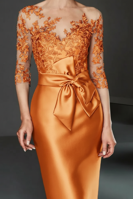 Orange Bateau 3/4 Long Sleeves Satin Mother of the Bride Dresses with Lace - Prom Dresses