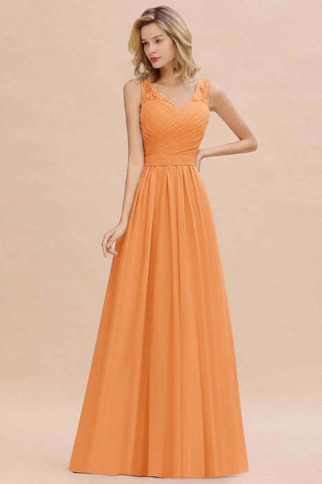 Orange Modest Floral Lace A-line Bridesmaid Dress V-Neck Floor Length Chiffon Wedding Guest Dress 