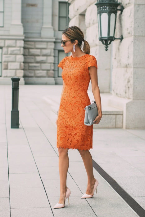 Orange Lace Formal Dresses Knee Length Mother of the Bride Dress Cap Sleeves