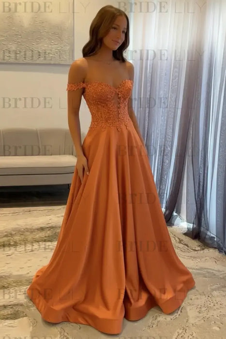 Orange Off-the-Shoulder A-line Evening Dress Lace Prom Dress Long
