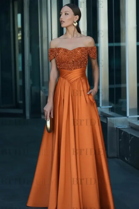 Orange Off-the-Shoulder Satin Aline Formal Dress with Beadings