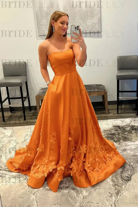 Orange Strapless Satin Long Prom Dresses with 3D Flowers