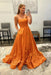 Orange Strapless Satin Long Prom Dresses with 3D Flowers
