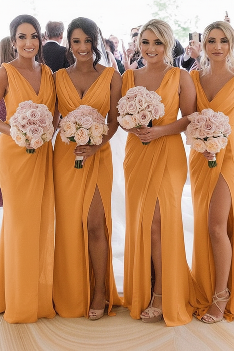 Orange Simple V Neck Sleeveless Sheath Pleated Chiffon Bridesmaid Dress with Split