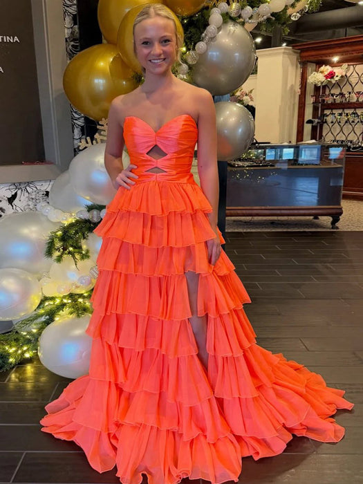 Orange Strapless Tiered Ruffle Chiffon Prom Dress Long with Slit
