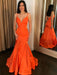 Orange V Neck Mermaid Satin Long Prom Dresses, Mermaid Orange Formal Dresses, Orange Evening Dresses