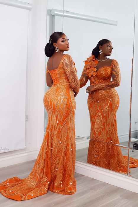 Orange Stylish One-Shoulder Deep V-Neck Mermaid Prom Dress with Appliques