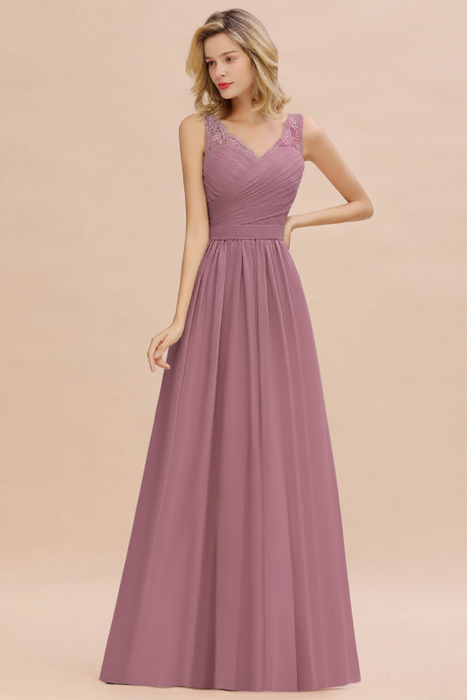 Orchid Modest Floral Lace A-line Bridesmaid Dress V-Neck Floor Length Chiffon Wedding Guest Dress 