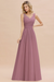 Orchid Modest Floral Lace A-line Bridesmaid Dress V-Neck Floor Length Chiffon Wedding Guest Dress 