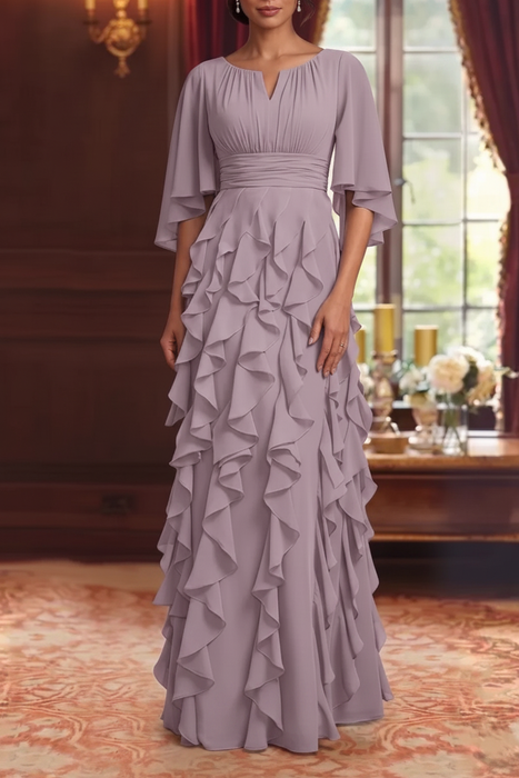 Orchid Chiffon Mother of the Bride Dress Flutter Sleeves with Cascading Ruffles