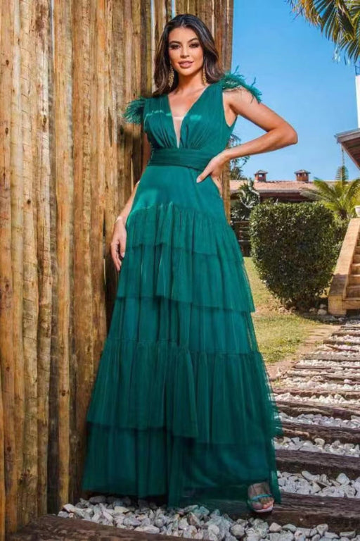 Peacock Strapped Deep V-Neck Layered Tulle Prom Dress with Feathers Bridelily Peacock Strapped Deep V-Neck Layered Tulle Prom Dress with Feathers Bridelily
